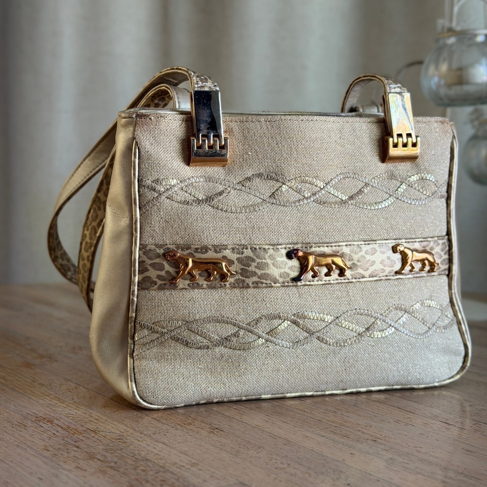 Vtg Marlo Gold Metallic Leopard Panther Charm Canvas Shoulder Bag Mob Wife Purse